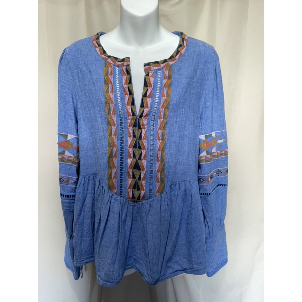 A Loves A Embroidered Peasant Blouse Blue Large Boho